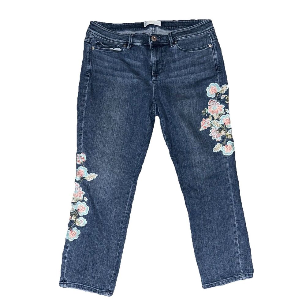 J. Jill Authentic Fit Cropped Jeans Size 10 Embroidered Floral Blue Stretch Mid